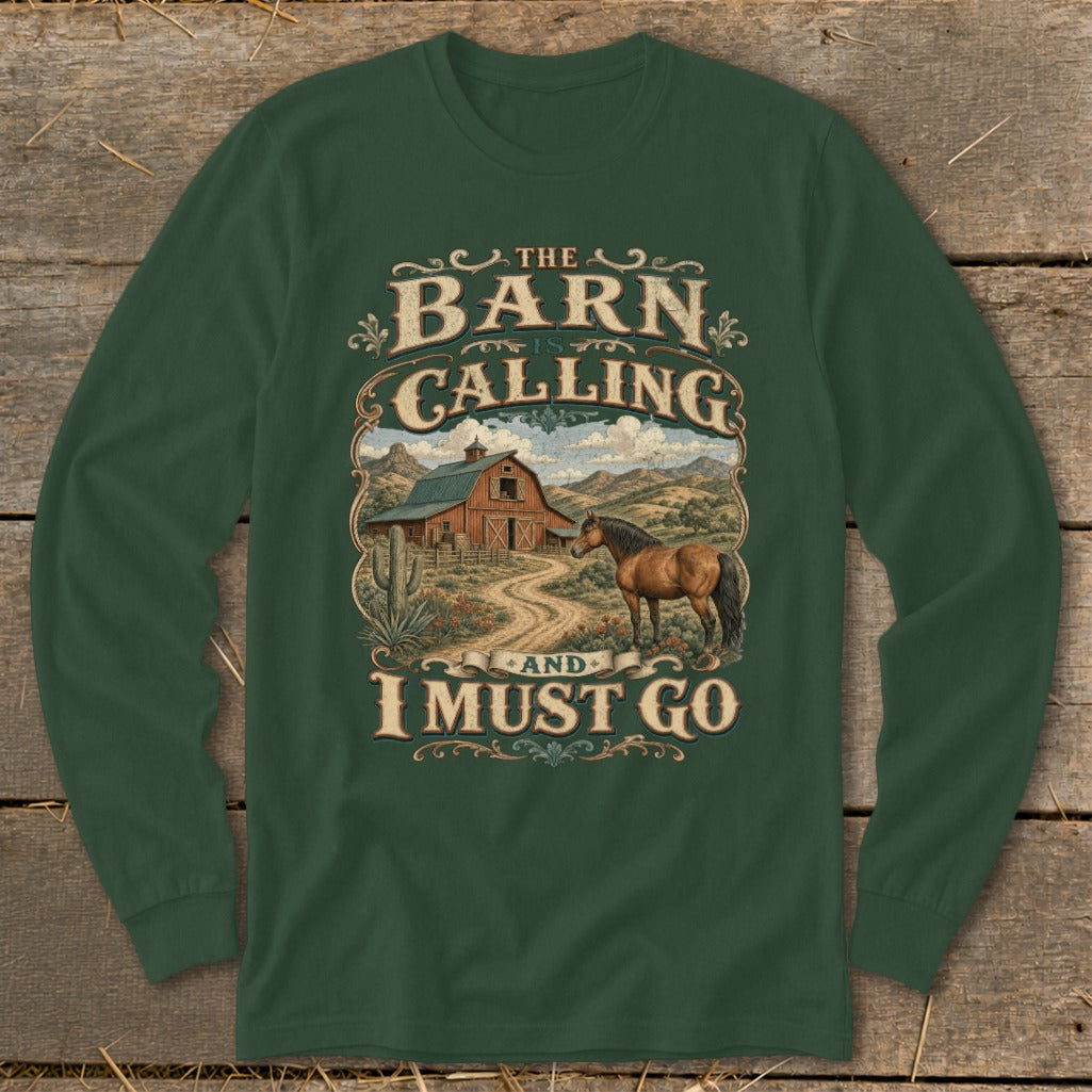The barn is calling and I must go graphic with horse and barn illustration.