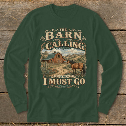 The barn is calling and I must go graphic with horse and barn illustration.