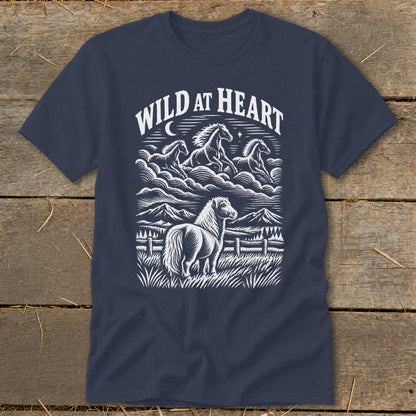 Navy t-shirt with white graphic of horses and "WILD AT HEART" text.