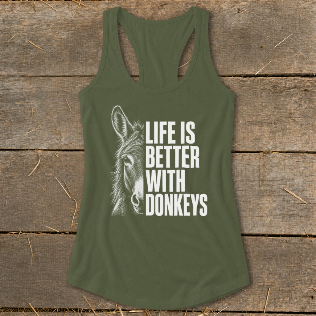 Green tank top with a donkey illustration and "LIFE IS BETTER WITH DONKEYS" text.