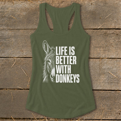 Green tank top with a donkey illustration and "LIFE IS BETTER WITH DONKEYS" text.
