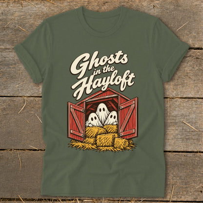 Ghosts in the Hayloft graphic with three ghosts in a barn on hay bales.