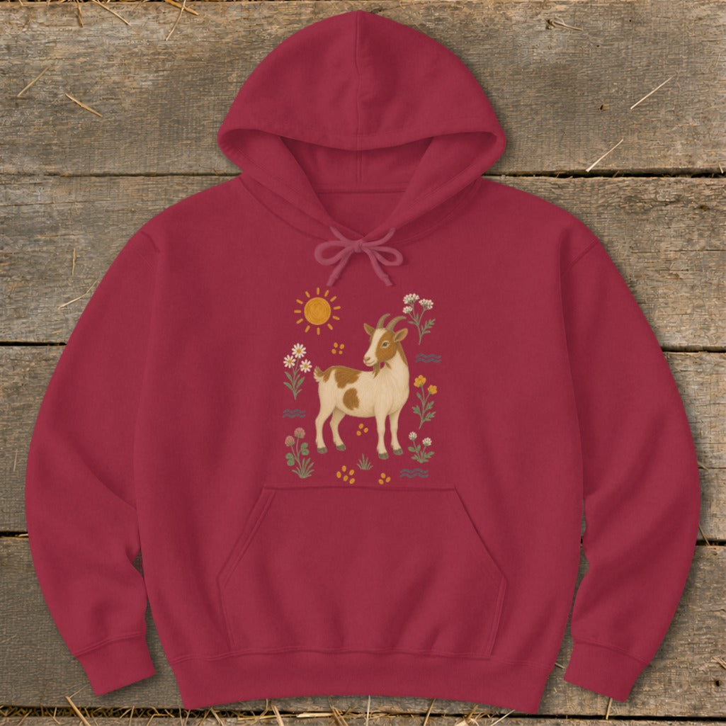 Maroon hoodie with a tan and white goat surrounded by flowers and a sun.