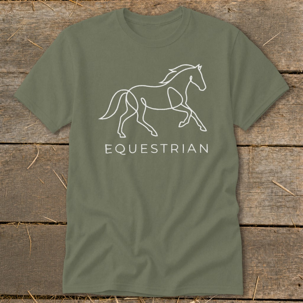 Olive green t-shirt with white line drawing of a running horse and the word "EQUESTRIAN".