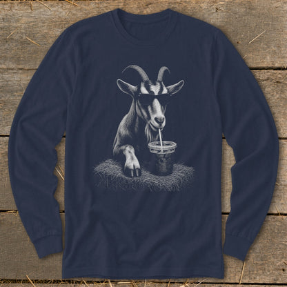 Goat wearing sunglasses drinks from a cup with a straw.