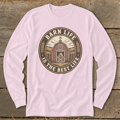 Pink long-sleeve shirt with a circular graphic of a barn and the text "Barn Life Is The Best Life".