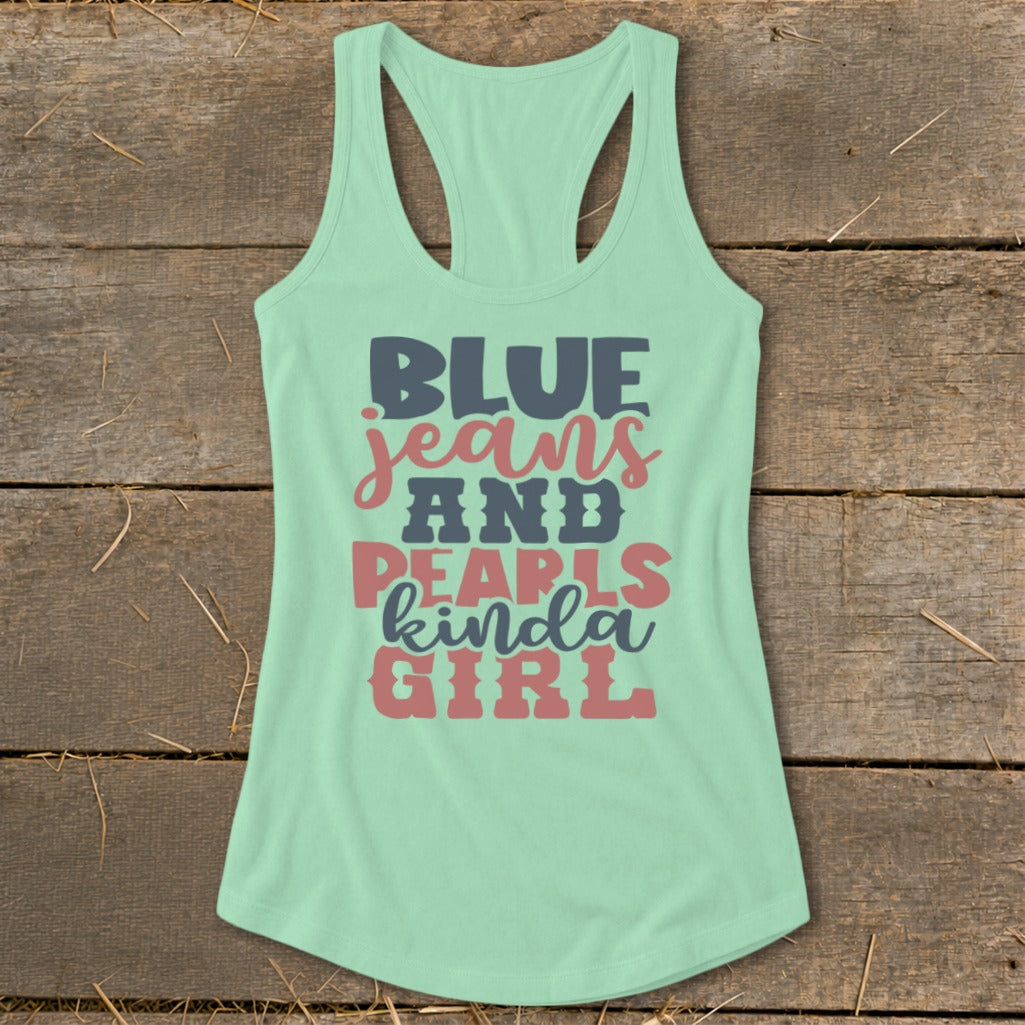 Mint green tank top with "BLUE jeans AND PEARLS kinda GIRL" text design.