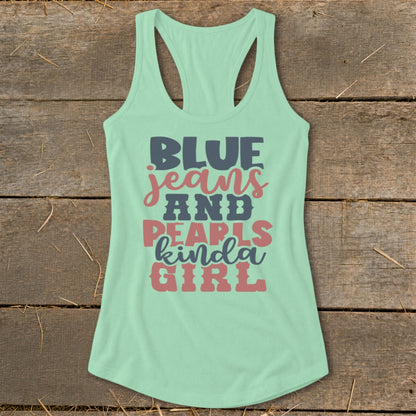 Mint green tank top with "BLUE jeans AND PEARLS kinda GIRL" text design.