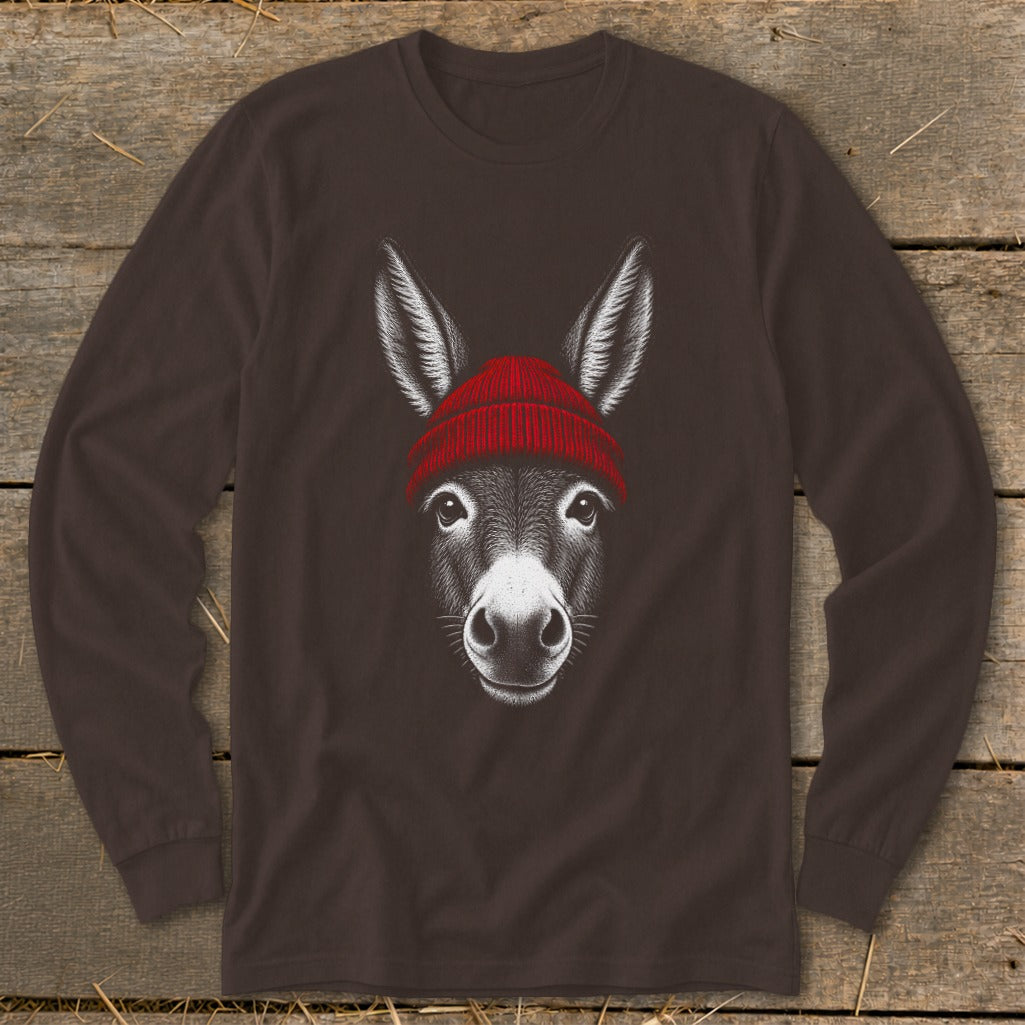 Dark brown long-sleeve t-shirt featuring a graphic of a donkey wearing a red beanie.