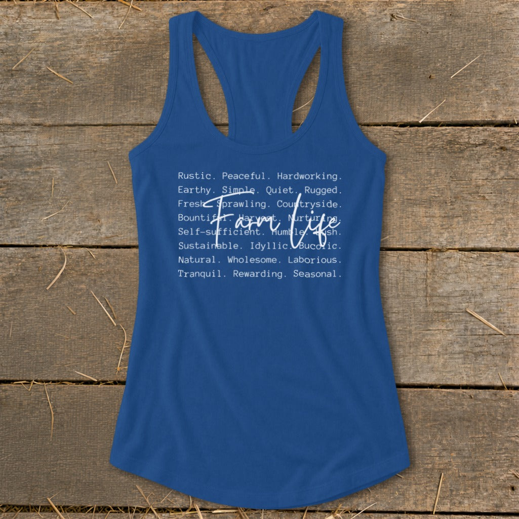 Blue tank top with white text describing farm life.