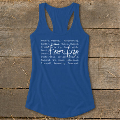 Blue tank top with white text describing farm life.