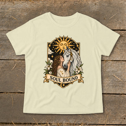 Cream t-shirt with woman kissing white horse, sun, stars, and banner text "SOUL BOUND".