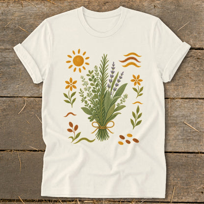Cream t-shirt with botanical illustrations of herbs, flowers, sun, and wavy lines.