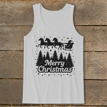 Grey tank top with black Santa sleigh pulled by four horses, trees, and "Merry Christmas" text.