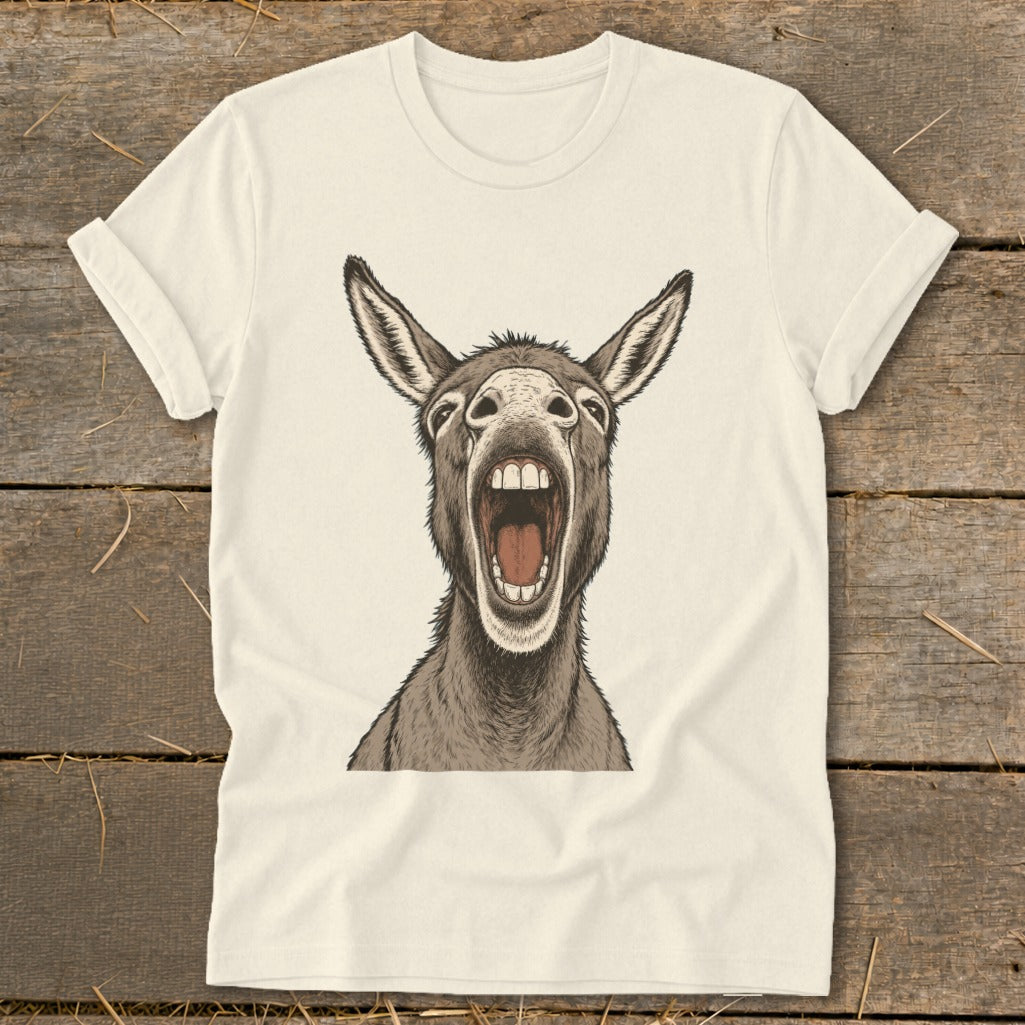 Cream t-shirt with a graphic of a donkey with its mouth wide open.