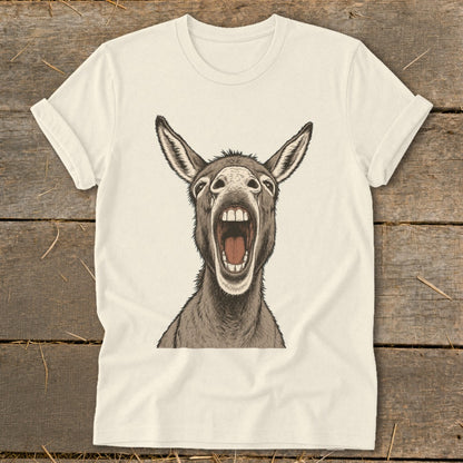 Cream t-shirt with a graphic of a donkey with its mouth wide open.