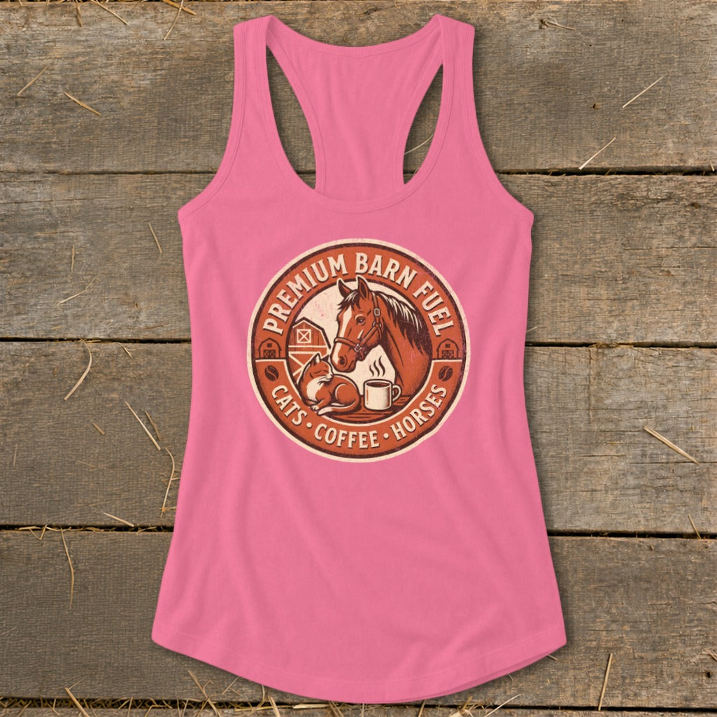 Pink tank top with circular barn logo featuring horse, cat, and coffee cup.