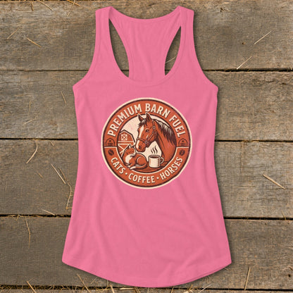 Pink tank top with circular barn logo featuring horse, cat, and coffee cup.