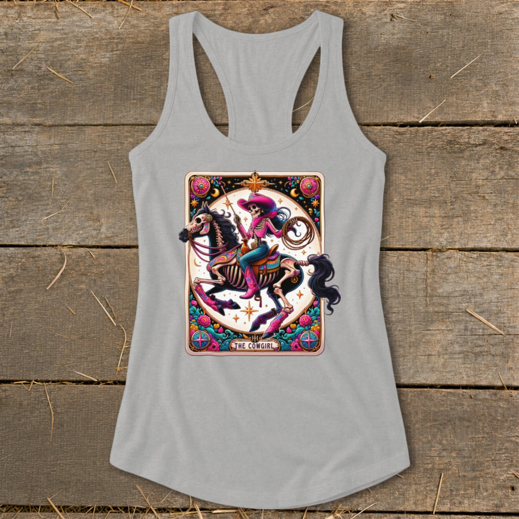 Skeleton cowgirl on horse, tarot card design with text "THE COWGIRL".