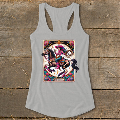 Skeleton cowgirl on horse, tarot card design with text "THE COWGIRL".