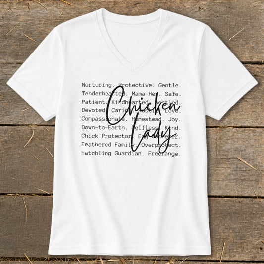 White v-neck t-shirt with "Chicken Lady" and descriptive words.