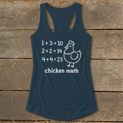 Dark blue tank top with white text and chicken graphic reading "chicken math".