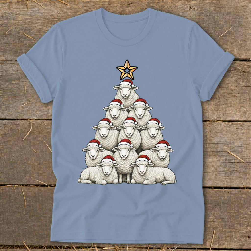 Sheep arranged in a Christmas tree shape wearing Santa hats, topped with a star.