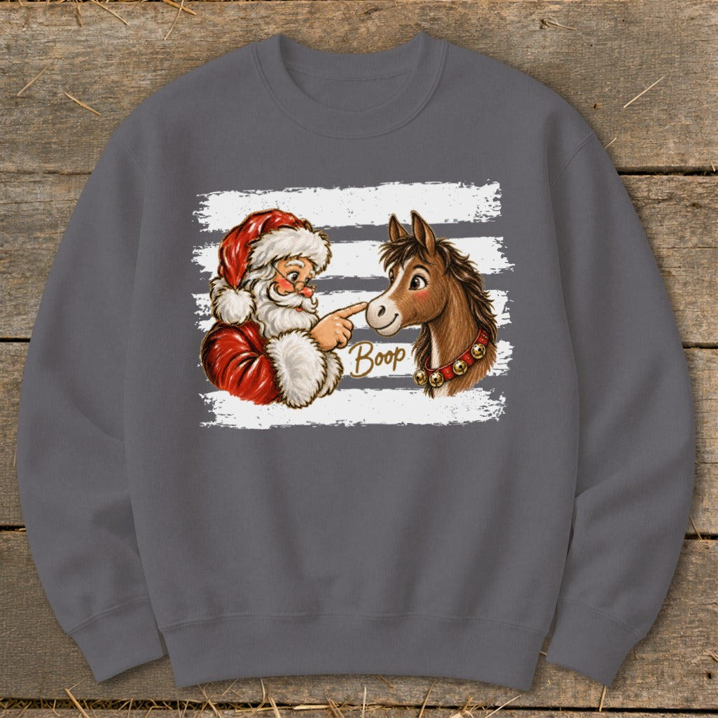 Santa booping a horse on the nose with "Boop" text.
