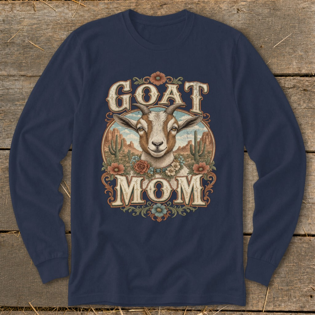 Goat Mom graphic with goat portrait, desert scene, and floral accents.