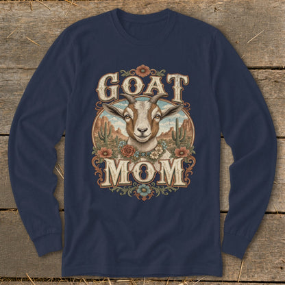 Goat Mom graphic with goat portrait, desert scene, and floral accents.
