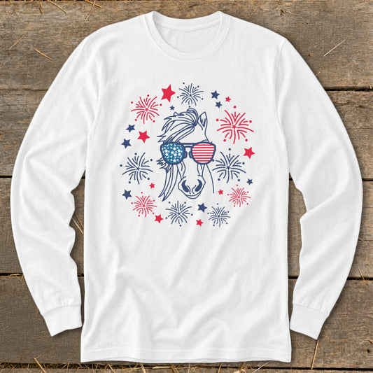 White long-sleeve shirt with a horse wearing American flag sunglasses and fireworks design.
