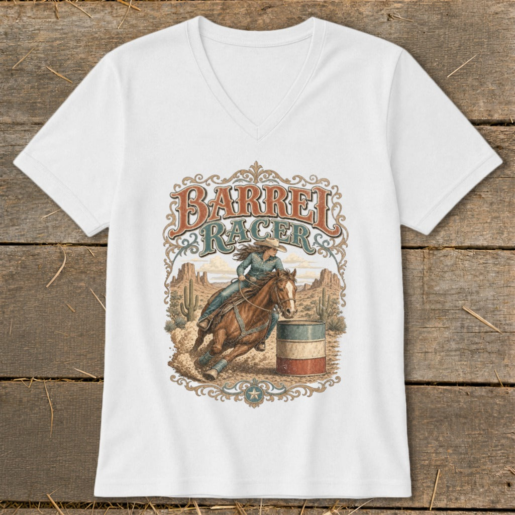 Barrel racer on horse in desert landscape with text "Barrel Racer"