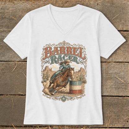 Barrel racer on horse in desert landscape with text "Barrel Racer"