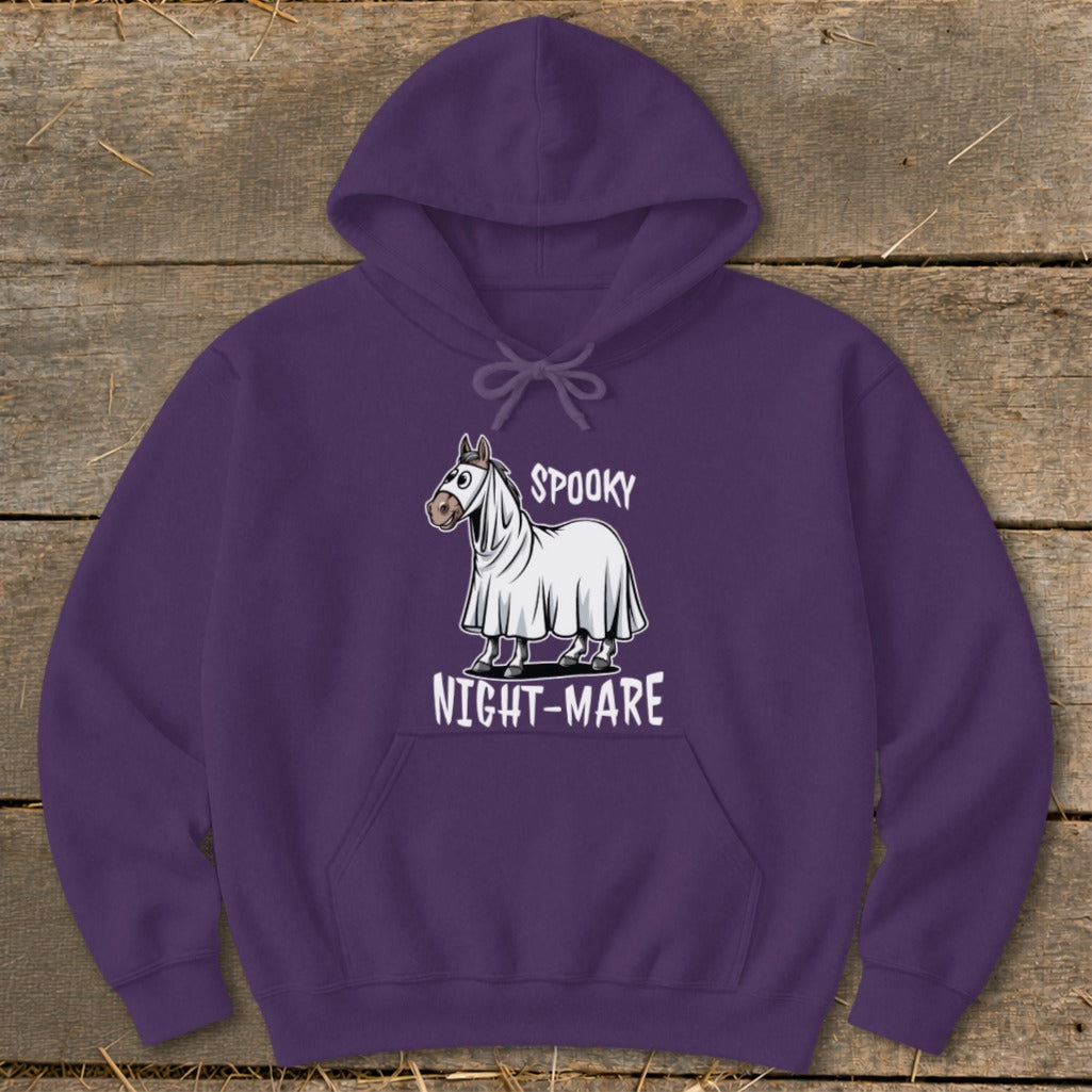 Purple hoodie with a cartoon horse ghost and text "SPOOKY NIGHT-MARE".