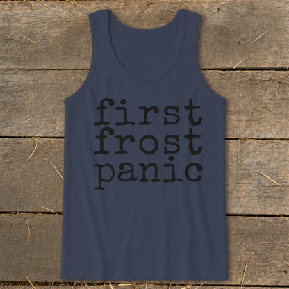 Navy blue tank top with black text reading "first frost panic."
