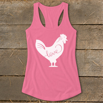 Pink tank top with white chicken graphic and "love" text.