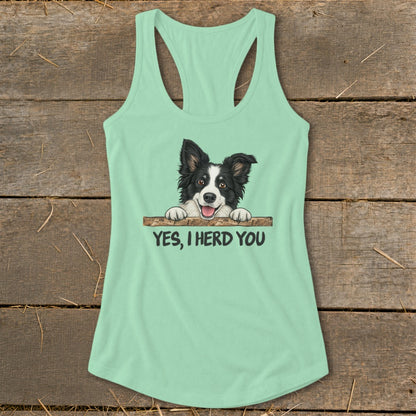 Mint green tank top with a border collie illustration and text.