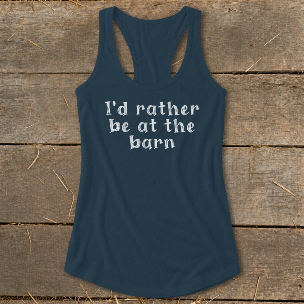 Navy racerback tank top with white text that reads "I'd rather be at the barn".