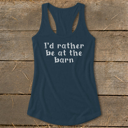 Navy racerback tank top with white text that reads "I'd rather be at the barn".