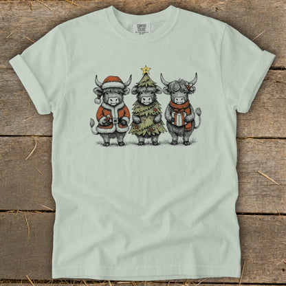 Three highland cows in Christmas attire, one as Santa, one as a tree, one with a gift.