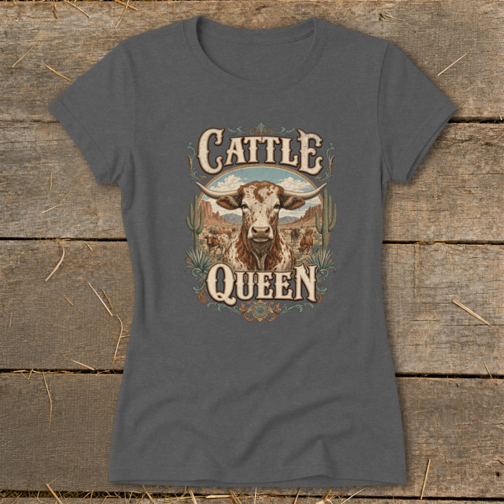 T-shirt graphic with a longhorn bull and "Cattle Queen" text.