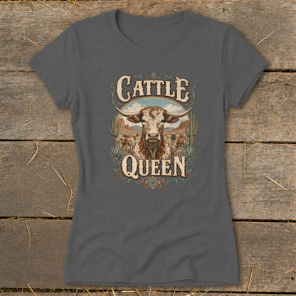 T-shirt graphic with a longhorn bull and "Cattle Queen" text.