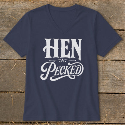Navy v-neck t-shirt with white text that says "HEN Pecked".