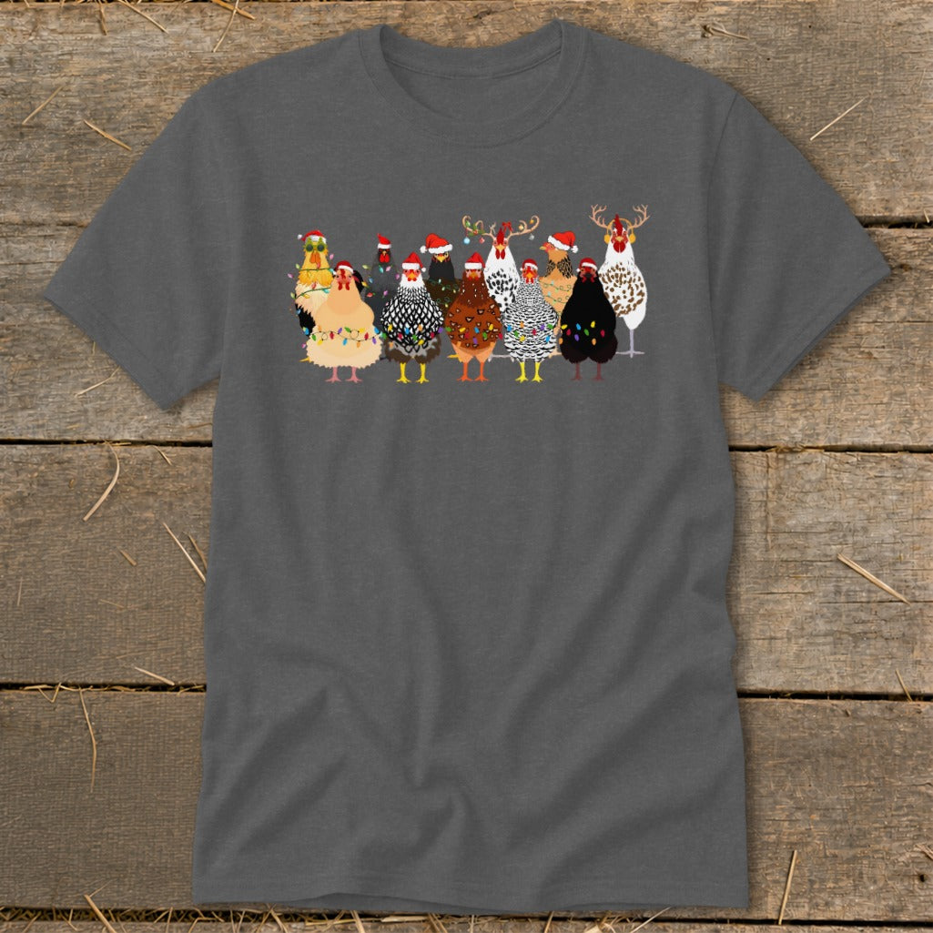 Flock of chickens wearing Santa hats and Christmas lights.