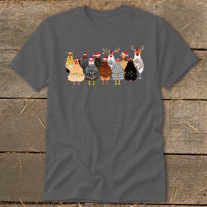 Flock of chickens wearing Santa hats and Christmas lights.