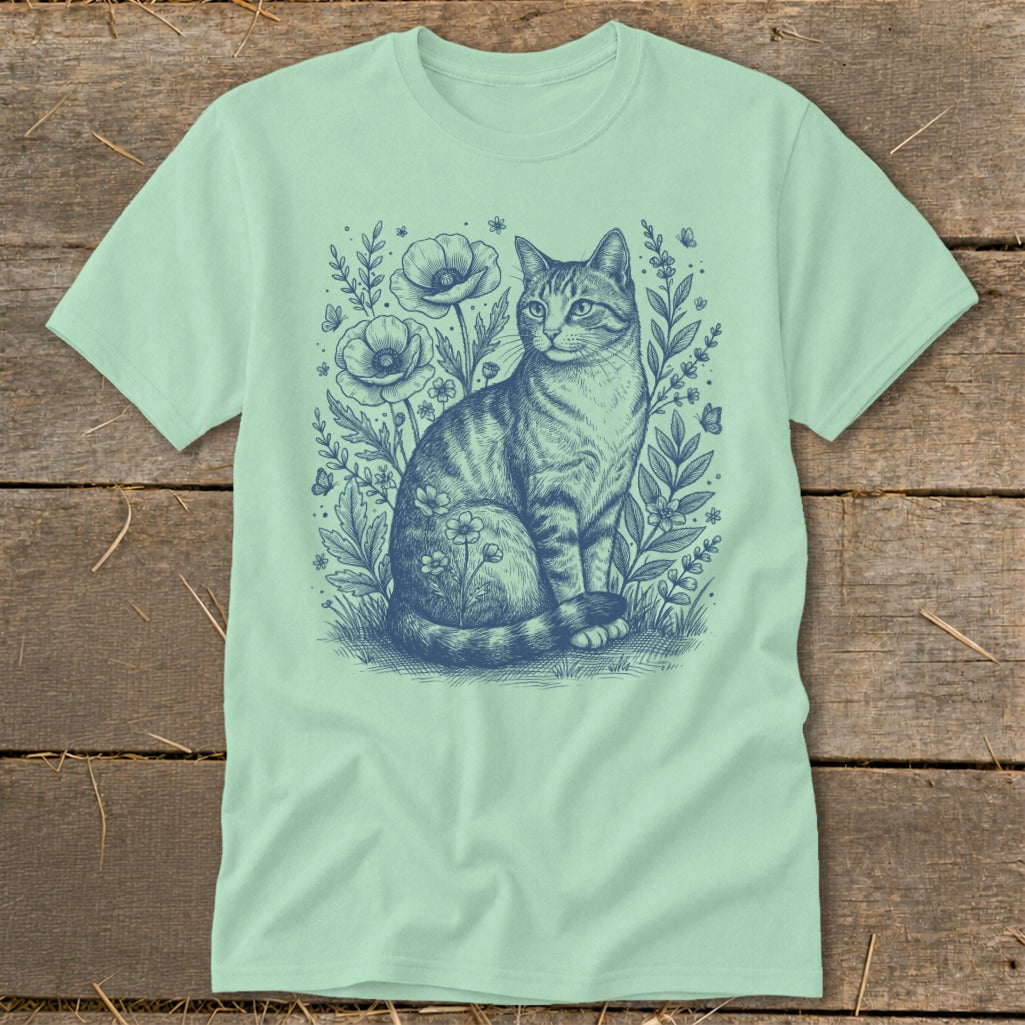 Tabby cat sits amidst poppies and foliage in a blue ink sketch on a mint green t-shirt.