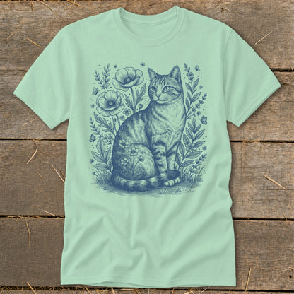 Tabby cat sits amidst poppies and foliage in a blue ink sketch on a mint green t-shirt.