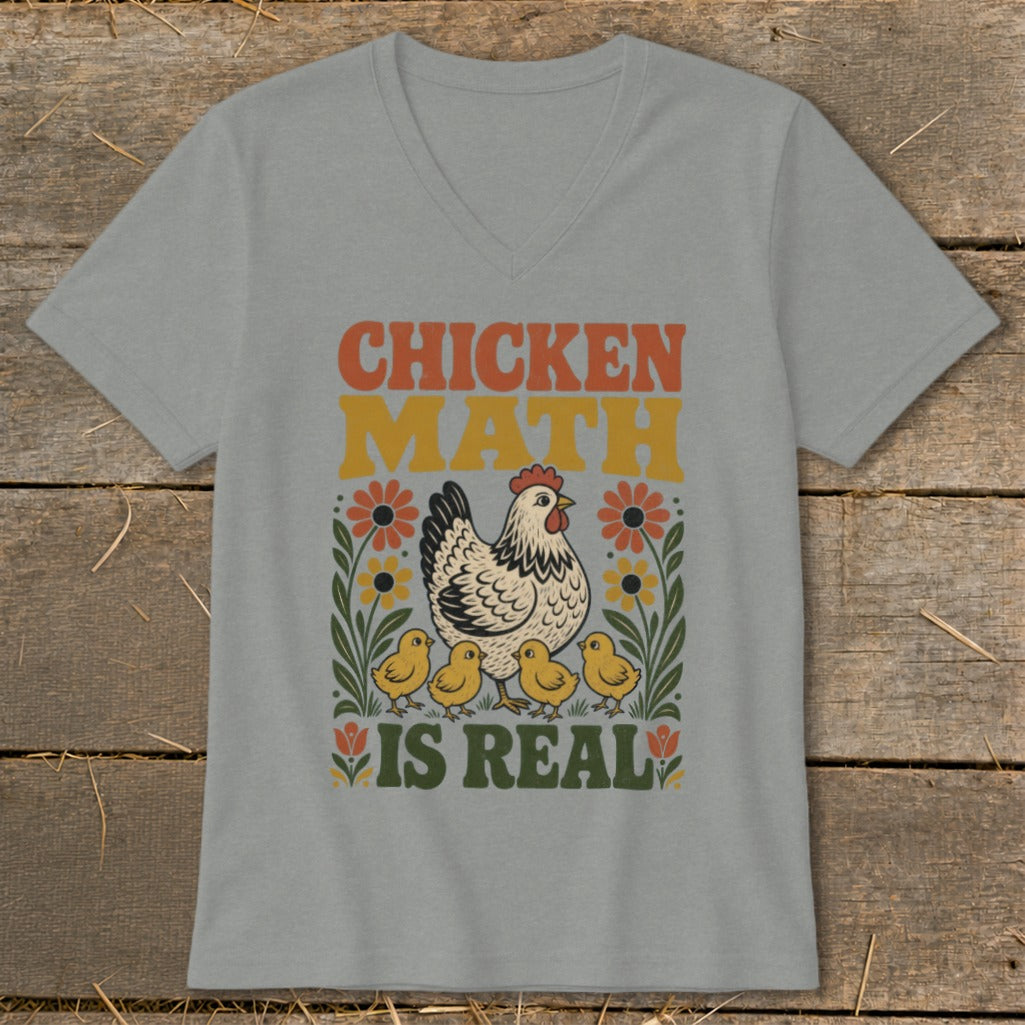 Gray v-neck t-shirt with a graphic of a hen and chicks, saying "Chicken Math Is Real".