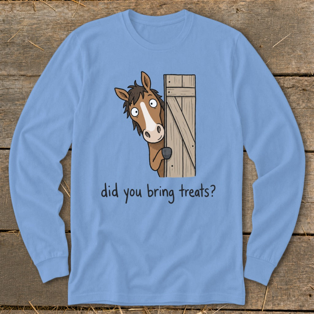 Light blue long-sleeve shirt with cartoon horse peeking from behind a wooden fence.