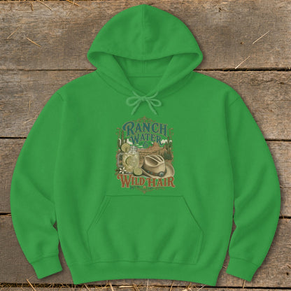 Green hoodie with "Ranch Water Wild Hair" graphic featuring a drink and cowboy hat.